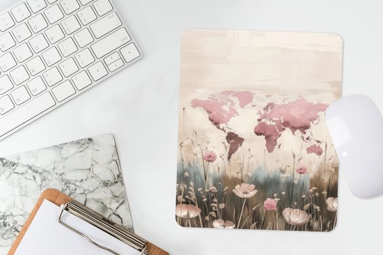 Muismat 19x23 cm - Mousepad Wereldkaart - Roze - Bloemen - Muismatten