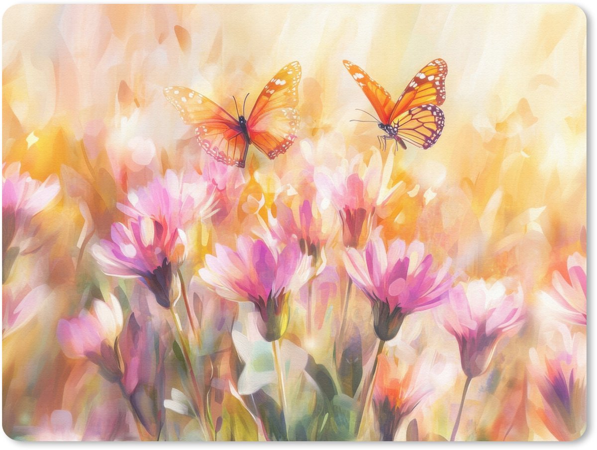 Muismat 23x19 cm - Mousepad Vlinders - Oranje - Bloemen - Muismatten