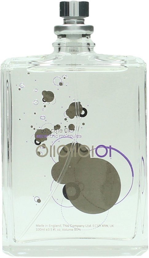 Glazen parfumflesje met moleculair design. Tekst 'molecule 01 escentric molecules' en paarse cirkels.