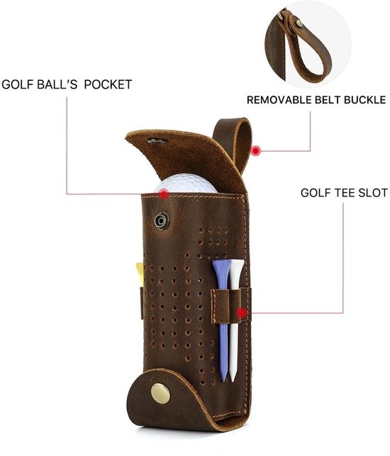 BUGOLINI Aurelia - Lederen Golfbal Draagbare Handtas - Geschikt Voor 3 Ballen - Met Knoopsluiting - Met Verwijderbare Riemgesp - 4 Golf Tee-sleuven - Coffee van BUGOLINI — afbeelding 5