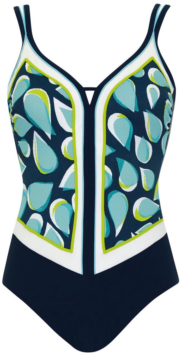 Sunflair damesbadpak – V-hals – comfortabel – blauw met printpanelen - 40 C