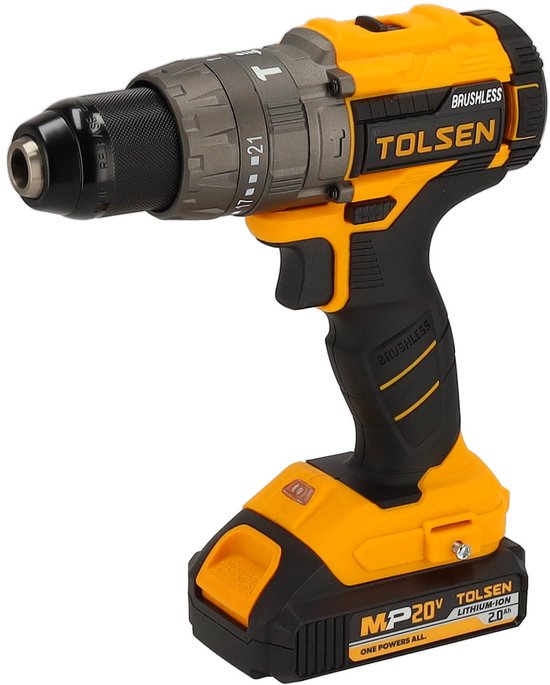 Tolsen Accuboormachine 20V Li-ion Brushless Industrial - Schroef- en klopboormachine - Schroeven, boren, klopboren - 58Nm - Geleverd incl. twee 2.0Ah Li-ion accu's, snellader, bitset, boorset, accessoires en koffer