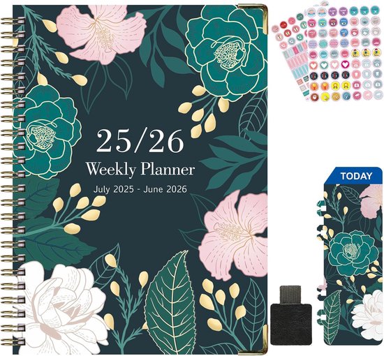 Lerarenagenda 2025/26-A5-Lerarenagenda 2025-2026-Planner met zelfklevende pennenringen, maandetiketten en stickers-21x15CM-B11