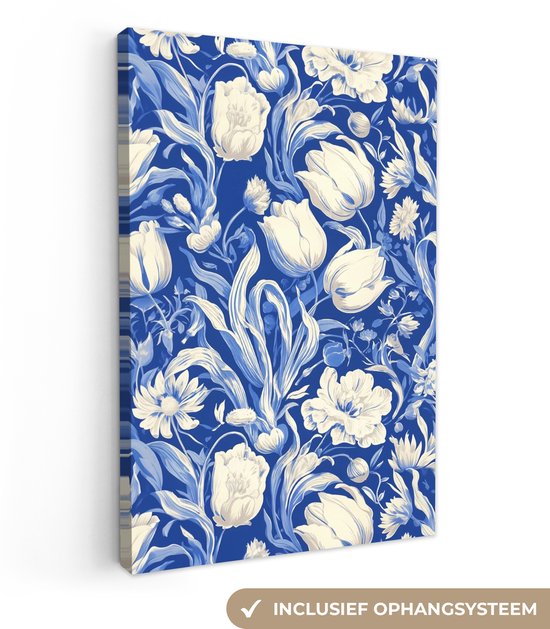Canvas schilderij 80x120 cm - Exclusieve wanddecoratie Bloemen - Delfts Blauw - Patroon - Tulp - Muurdecoratie woonkamer - Slaapkamer decoratie - Kamer accessoires - Schilderijen op canvas