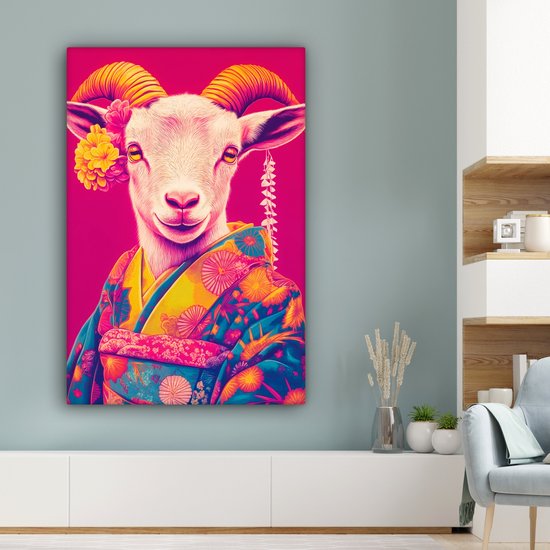 Tableau sur toile 80x120 cm - Décoration murale exclusive Chèvre - Cornes - Kimono - Coloré - Décoration murale salon - Décoration chambre - Accessoires de décoration - Peintures sur toile