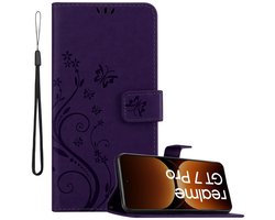Cadorabo Hoesje geschikt voor Realme GT7 Pro in BLOEMEN DONKER PAARS - Beschermhoes in bloemmotief met magnetische sluiting, standfunctie en kaartsleuven Book Case Cover Etui