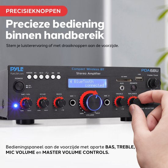 Pyle Bluetooth Audioversterker - 4-Kanaals 800W Ontvanger met MP3, USB, SD, AUX, RCA, FM, Microfoon, Hoofdtelefoon, Reverb, Delay, Volume LED - voor Thuis of Studioluidsprekers Pyle Bluetooth Audioversterker - 4-Kanaals 800W Ontvanger met MP3, USB, SD, AUX, RCA, FM, Microfoon, Hoofdtelefoon, Reverb, Delay, Volume LED - voor Thuis of Studioluidsprekers