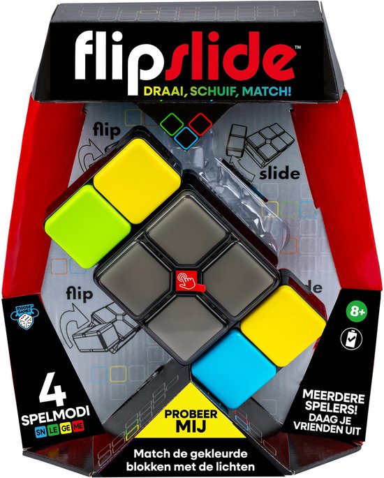 Verpakking van het Flipslide spel, met de tekst 'Draai, schuif, match!', 4 spelmodi en een afbeelding van het spel.