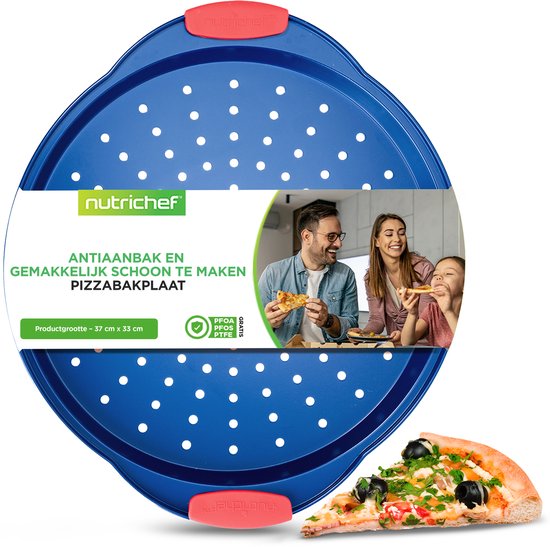 Nutrichef Pizzaplaat - Ronde Pizzasteen voor Oven - Anti-aanbak Pizzapan - Siliconen Handgrepen Vaatwasserbestendig