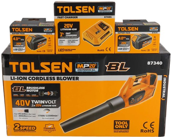 Souffleur à feuilles Tolsen sur batterie - 20V Li-ion - 800W - Vitesse de l'air 212 km/h - Incl. 2x batterie 4,0 Ah et 1x chargeur rapide