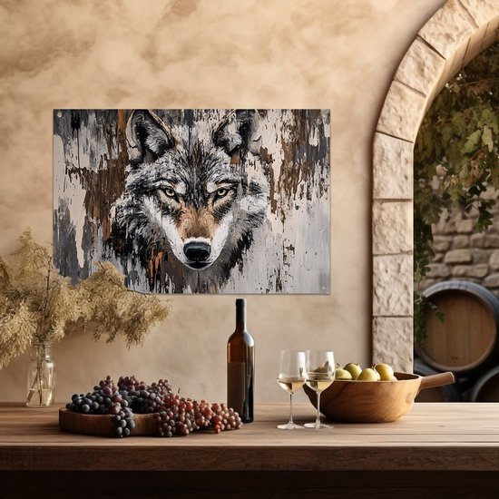 Abstract wolf schilderij in een rustieke setting met wijn en fruit.