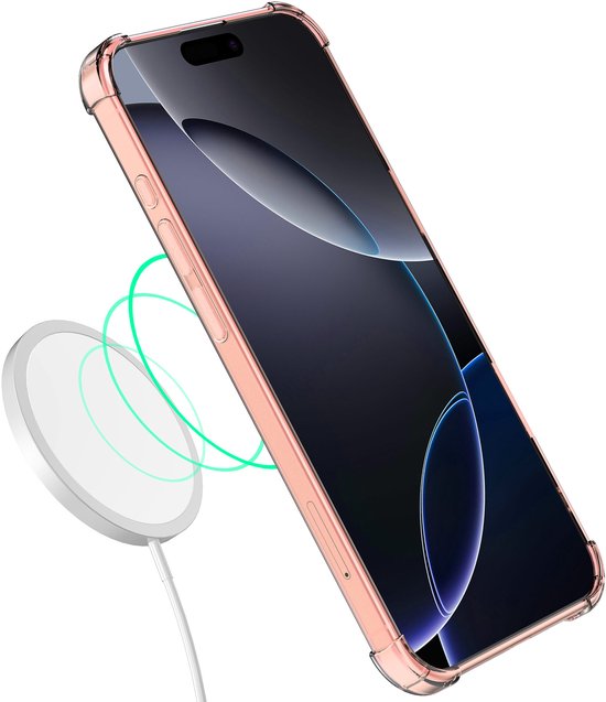 Lichtroze transparant hoesje voor iPhone 16 Pro Max met MagSafe oplader die magnetisch wordt aangetrokken.