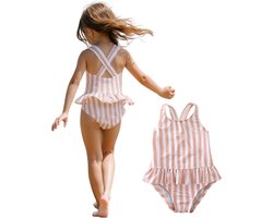 Joya Kids® Badpak Gestreept Roze Wit met Ruches Meisjes | Zwempak met ruches Strepen Zacht Roze | Zwempak Gekruisde Rug Kind | Meisje Streep Bikini Zomer | Kinderbadpak Peuter |