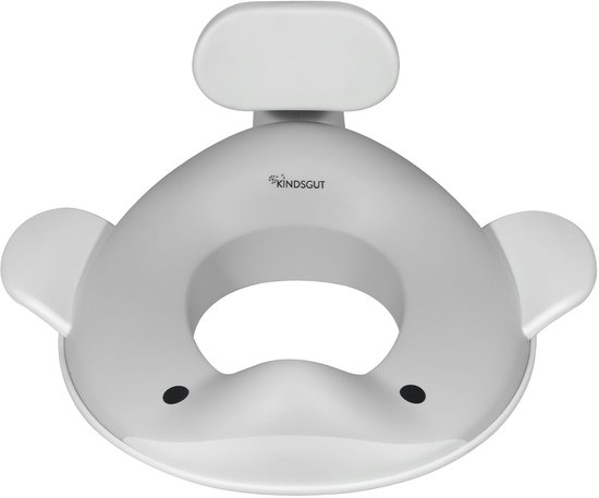 Lichtgrijze toiletverkleiner met walvisdesign, bovenaanzicht. Met de merknaam 'Kindsgut' erop.