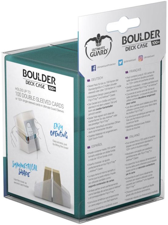 De verpakking van de Ultimate Guard Boulder Deck Case 100+, met afbeeldingen die de 'Easy Opening' en 'Symmetrical Shape' benadrukken.