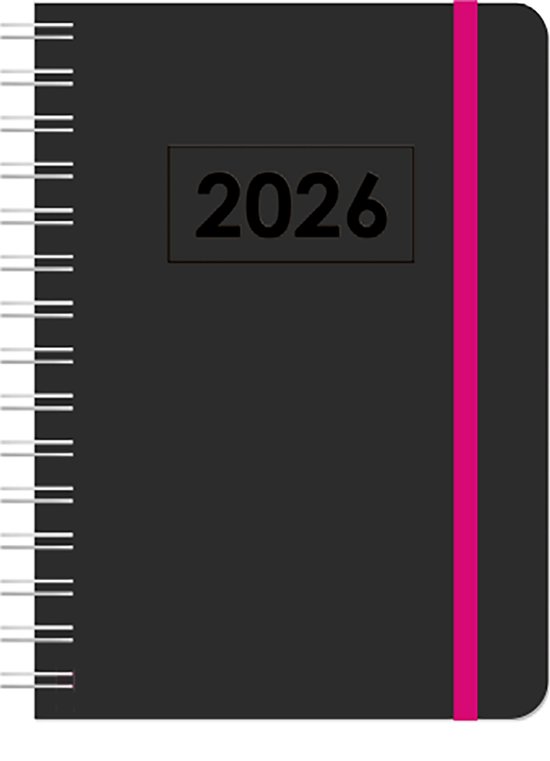 MGPcards - A5 Agenda 2026 - Sluiting Elastiek - Wire-O - Weekoverzicht 1w/2p - Zwart + Pink elastiek - Ruime vakken - 14,8 x 21 cm