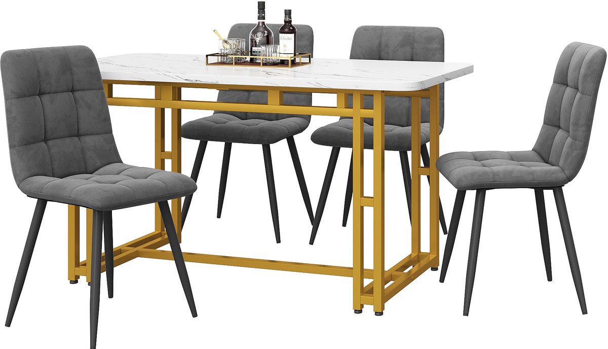 Merax 5-delige Eettafelset – Moderne Witte Eettafel 120x70 cm met Gouden Metalen Poten en Donkergrijze Fluwelen Stoelen met Zwarte Poten