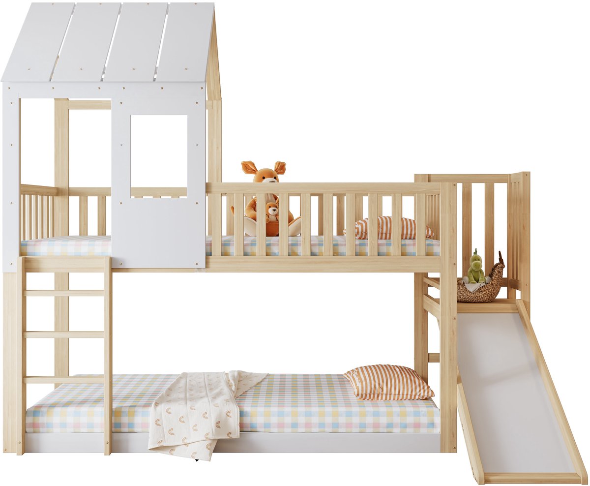 Merax Stapelbed met Glijbaan en Huisbed Design – Hoogslaper Kinderbed met Dak en Raam – 90x200 cm – Bruin met Wit – FSC Gecertificeerd Hout