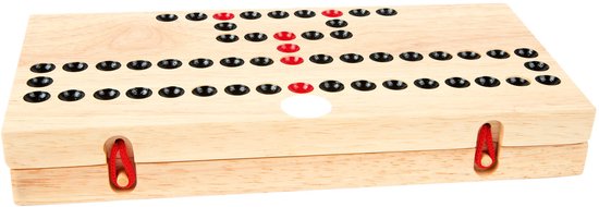 Houten speelbord voor het spel Barricade, gesloten met rode touwtjes.