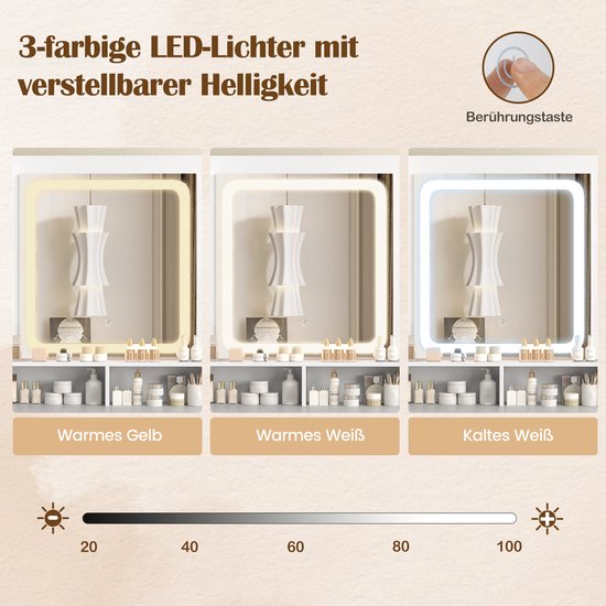Démonstration de lumières LED à trois couleurs réglables : jaune chaud, blanc chaud et blanc froid.