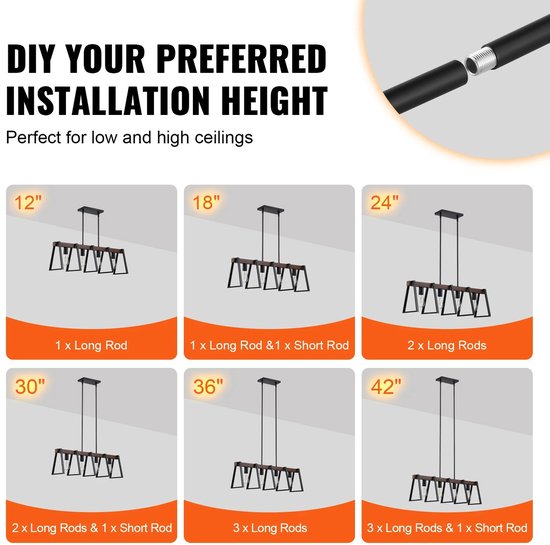 Lampe Jurrys - 4 points lumineux - Suspension - 60 W - Style industriel - Structure en métal - Zwart - Longueur 85 cm - Lampe de table à manger - Îlot de cuisine - Lustre