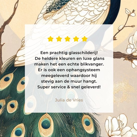 MuchoWow® Peinture sur verre 60x80 cm - Peinture sur verre acrylique - Paon - Branche - Fleurs - Photo sur verre - Décoration murale salon - Décoration murale chambre - Peintures