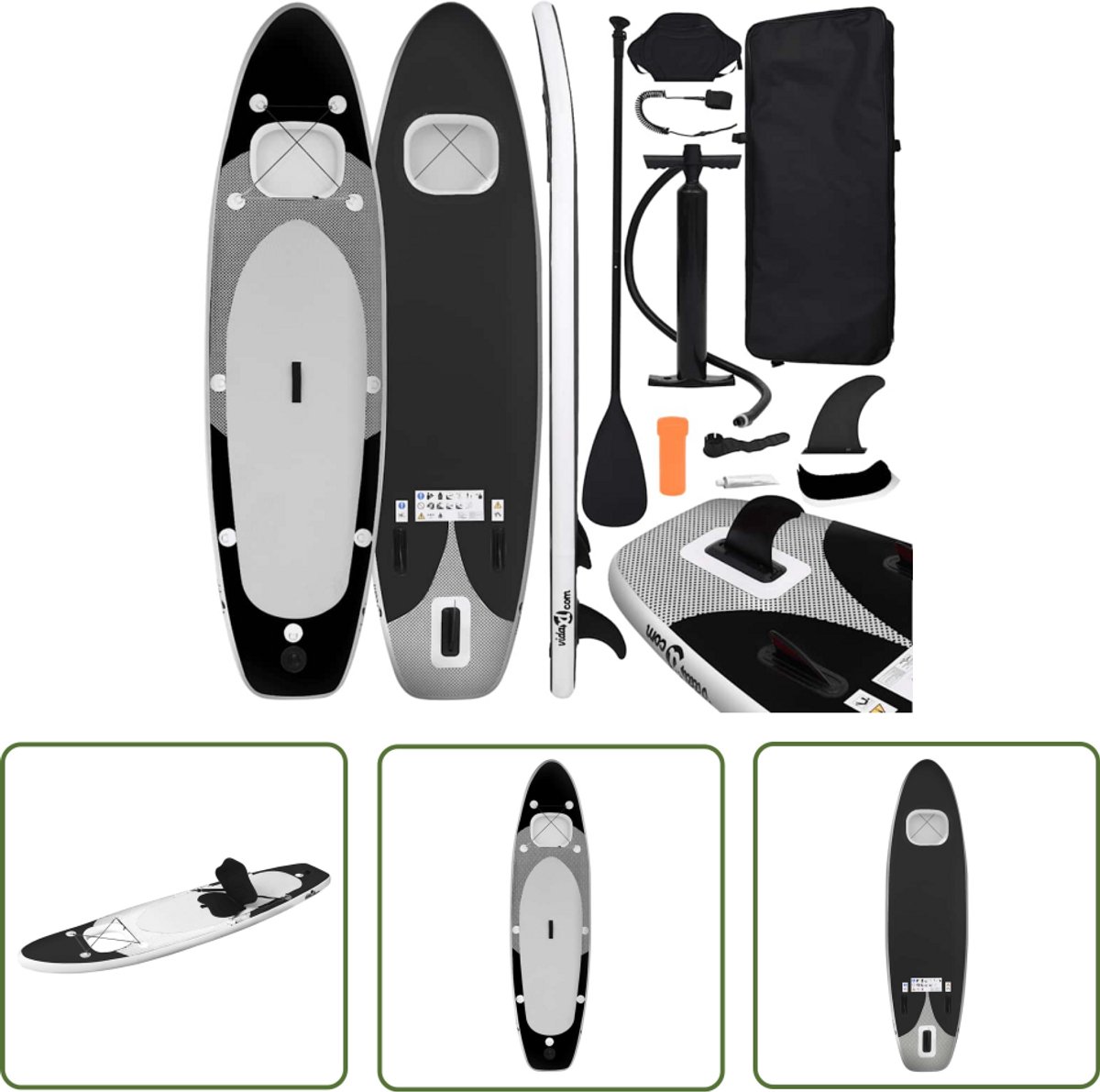 The Living Store SUP Board zwart 360 x 81 x 10 cm - opblaasbaar - lekbestendig - met zitting