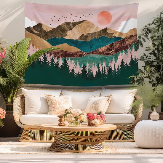 Ulticool Wandkleed 200x150 cm – Natuur Bos Bohemian Aesthetic Hippie – Met Bevestigingspinnen - voor Binnen / Buiten - Tuinposter Wandtapijt Buitenkleed Decoratie Schilderijen Posters Boho - Idee Vrouw / Tiener / Meisje - Roze Blauw