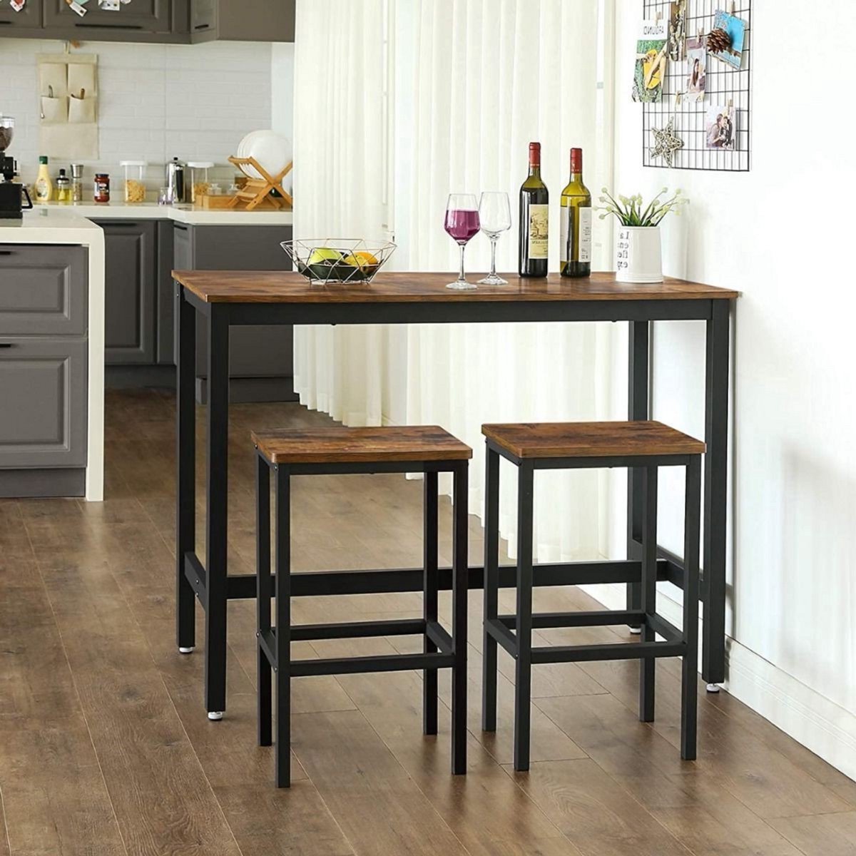 Thuys – Bartafel Met Barstoelen – Met 2 Barkrukken – Aanrecht Met Barstoelen – Keukentafel En Keukenstoelen – Industrieel Ontwerp – Voor Keuken – Vintage – Donkerbruin – 121 x 61 x 91 cm
