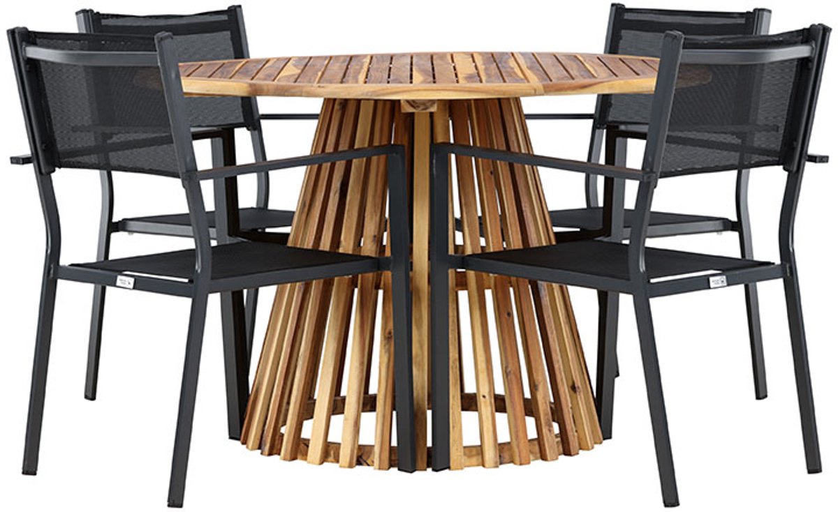 Lumpur tuinmeubelset tafel Ø120cm natuur, 4 stoelen zwart.