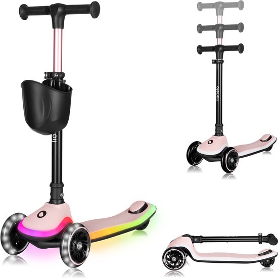 Lichtroze step met verlicht platform, verlichte wielen, mandje en inklapbaar stuur.
