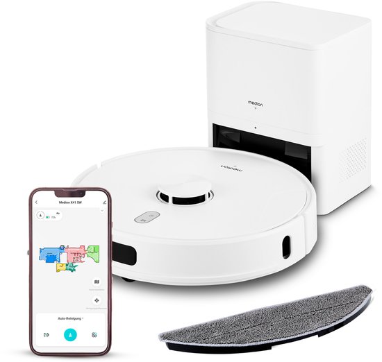 MEDION robotstofzuiger met zuigstation, lasernavigatie en wisfunctie X41 SW+ (krachtige 8000Pa zuigkracht, 2in1 robotstofzuiger, nauwkeurig in kaart brengen, Go & No Go zones, meerdere vloeren)