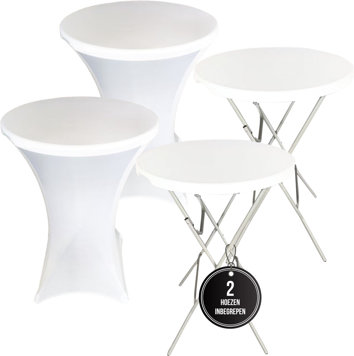 IvoQ 2x Witte Statafel - Set van 2 + 2x Witte Statafelrok - Inklapbaar - Ø80x110 cm - Partytafel / Staantafel Rond - Cocktailtafel - Binnen & Buiten