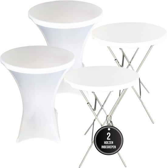 Set van twee witte statafels met witte stretchhoezen.