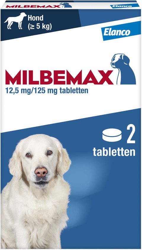 Milbemax doos met 2 tabletten voor honden (>= 5 kg) met een golden retriever.