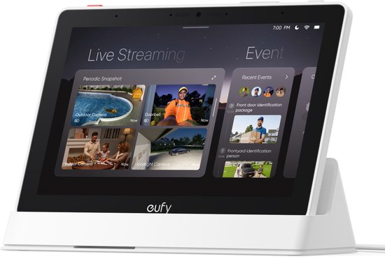 Een witte eufy tablet toont "Live Streaming" en "Event" met diverse camera feeds.