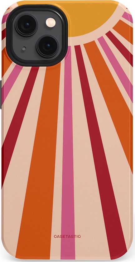 Telefoonhoesje met retroprint van zonnestralen in oranje, roze en bordeauxrood.