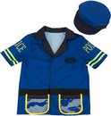 Blauw politieuniform met gele strepen op de mouwen, kraag en riem met opbergvakken, met blauwe pet.