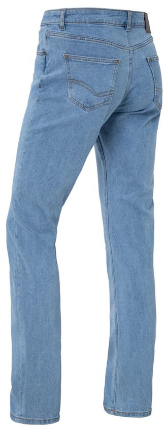 Achterkant van een lichtblauwe stretch jeans van Brams Paris met zakken.