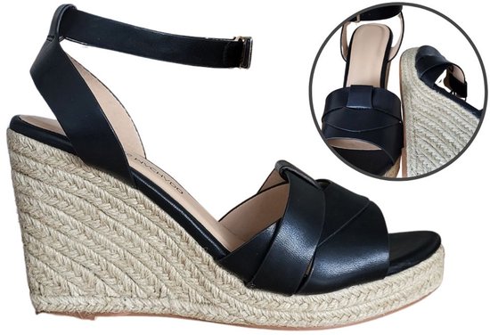 Stravers - Sandales pour femmes à talons compensés hauts avec bride à la cheville, taille 43, Sandales pour femmes Zwart grande taille