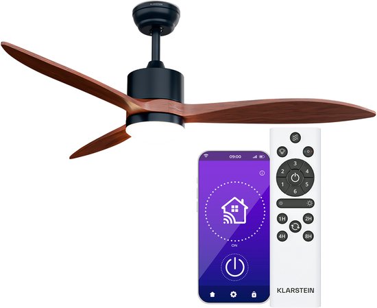 Slimme plafondventilator Klarstein SkyBreeze 132 cm, stil 40dB, dimbaar licht, 6 snelheden, IP44 voor binnen en overdekt buiten