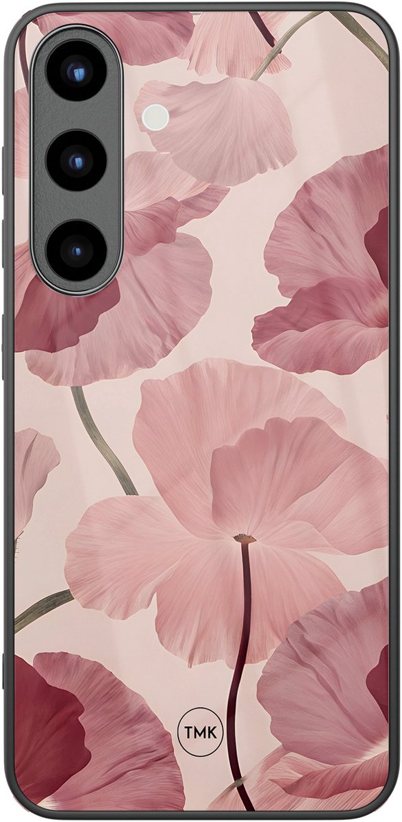 Hoesje geschikt voor Samsung Galaxy S25 - Vintage blossom - Roze - TPU luxe case (glossy toplaag) - Bloemen - Hardcase backcover zwart