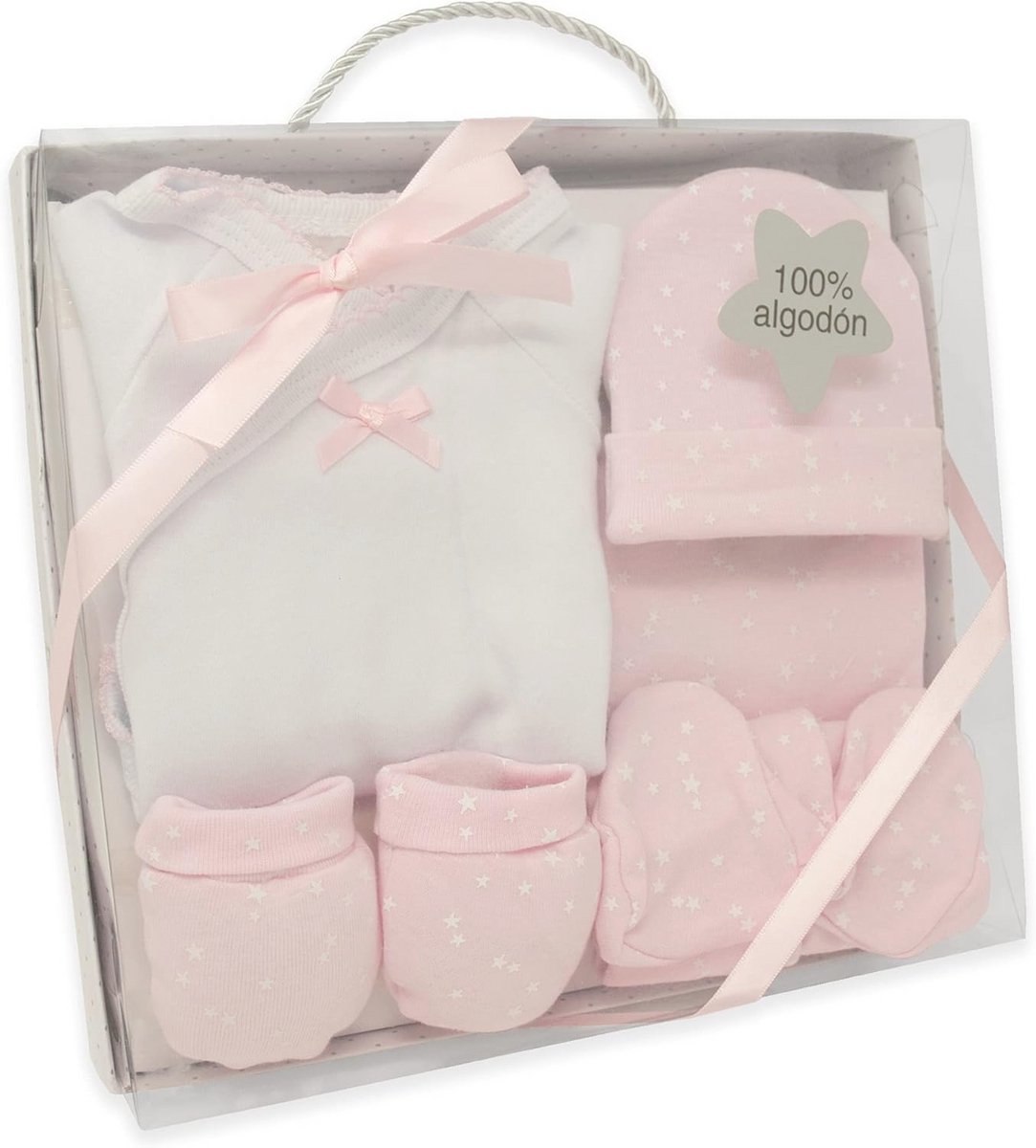 Image of 5-delige set voor pasgeborenen - unisex cadeau set met jas, beenkappen, muts, slabbetjes en wanten - 100% katoen - roze