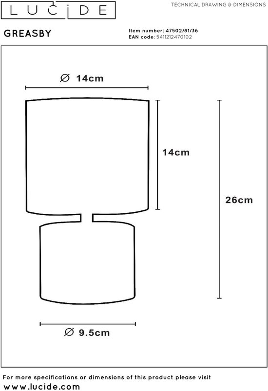 Dessin technique de la lampe de table Greasby avec dimensions.