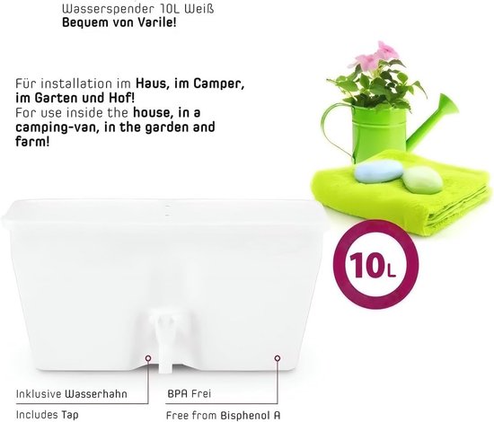 Varile 20 liter waterdispenser met zeepbakje voor camping, garage en outdoor, weerbestendig, uv-bestendig kunststof met ophangmogelijkheden