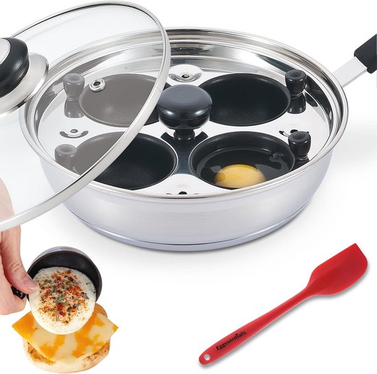 Eggssentials Eierstroper Pan Anti-aanbak Gepocheerd Ei Maker, Roestvrij Staal Ei Stroperij Pan, Gepocheerde Eieren Fornuis Voedselveilig PFOA Vrij met Spatel