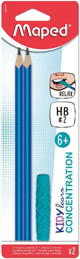 Crayons Maped Kidy Learn avec rayures bleues et turquoise et un embout à mâcher turquoise.