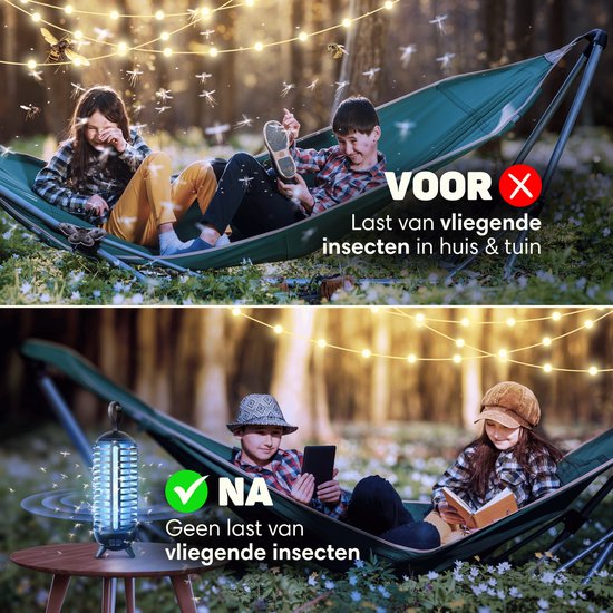 Kinderen in een hangmat zonder muggenlamp (met insecten) en met muggenlamp (zonder insecten).
