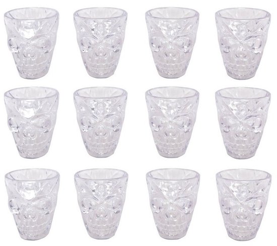 12x Doodshoofd shotglaasjes transparant 5 cm - Halloween/horror tafel dekken - Borrelglazen/shotglazen van plastic
