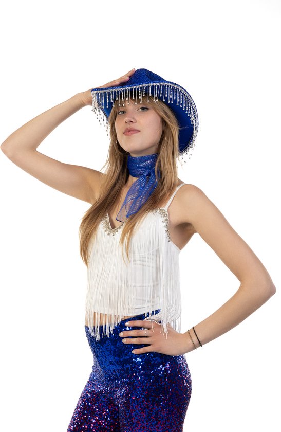 KIMU Cowboyhoed Blauw Strass Steentjes - Zwarte Cowgirl Western Hoed - Stoere Cowboy Diamantjes Dames Heren Carnaval